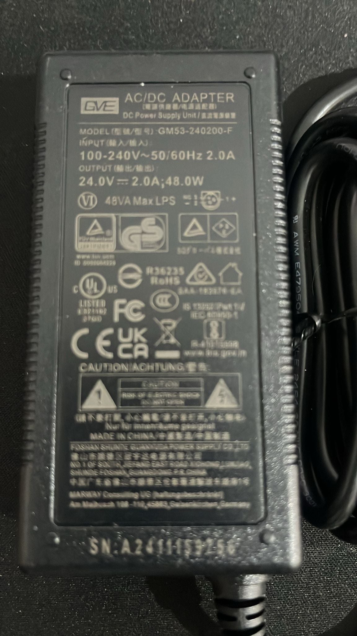 GVE GM53-240200-F 3pin 24V 2.0A Printer Power Supply Well Adapter Charger Plug