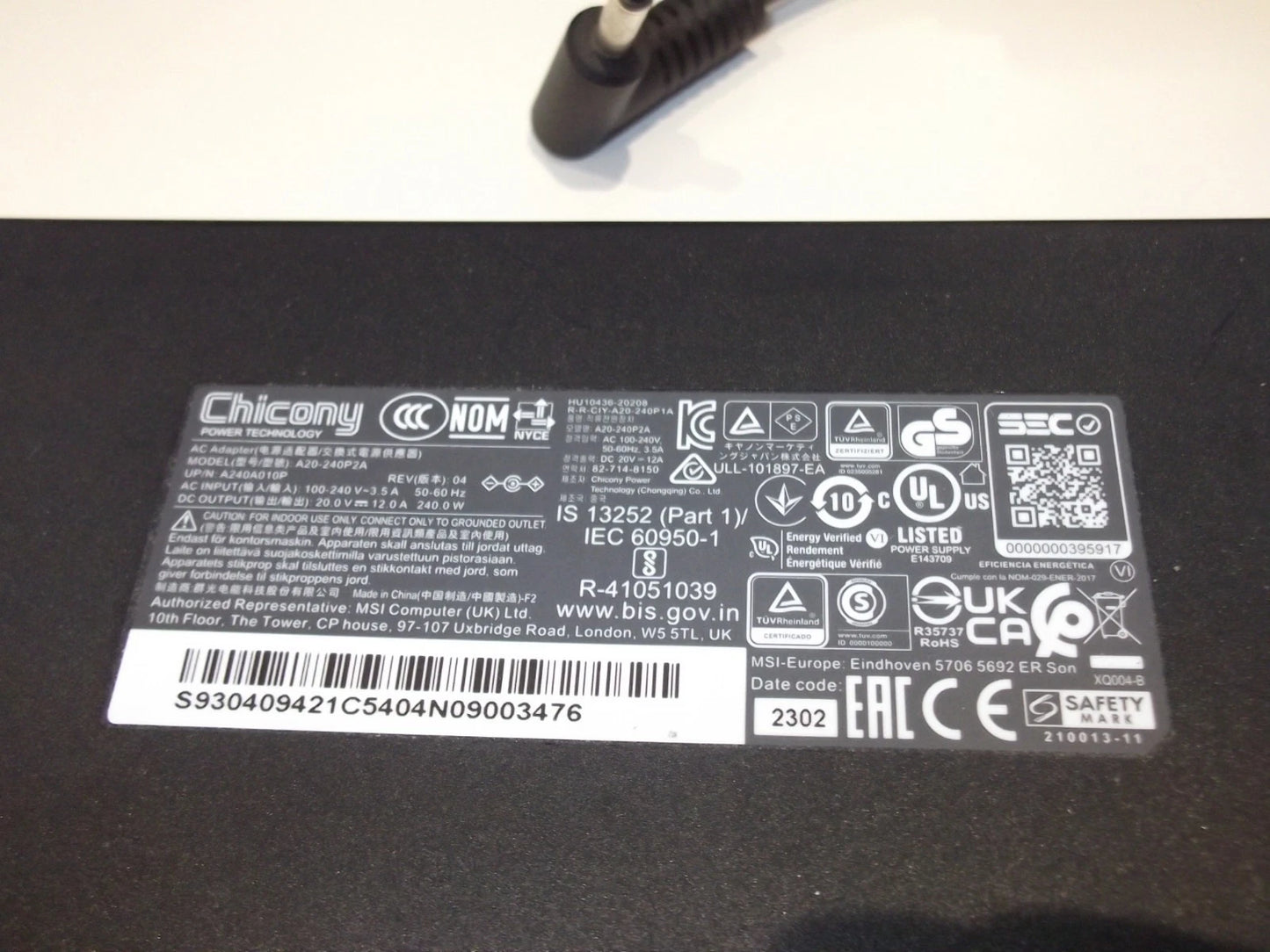 Chicony A20-240P2A 20V 12A 240W AC Adapter /Power Supply Charger for MSI Laptop