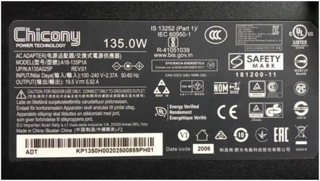 Chicony/Delta/Liteon for Acer 135w 19.5v 6.92a 5.5mm x 1.7mm  Power adapter