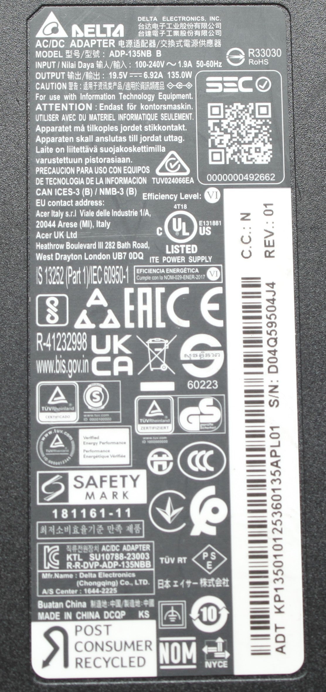 Chicony/Delta/Liteon for Acer 135w 19.5v 6.92a 5.5mm x 1.7mm  Power adapter