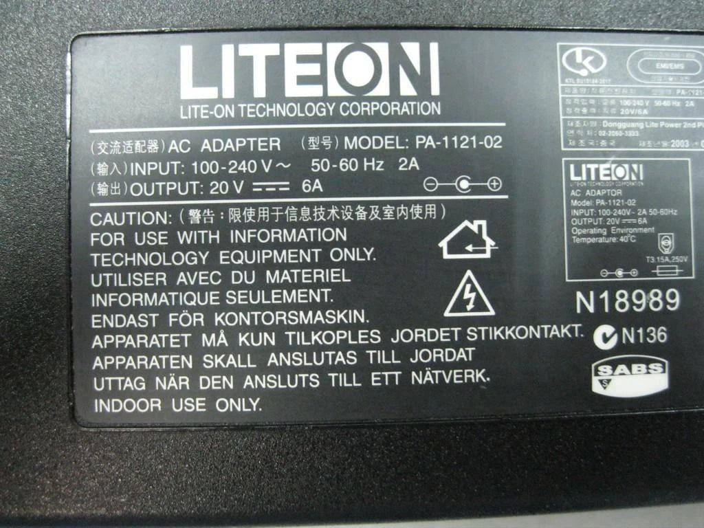 LiteOn 120W PA-1121-02 20V * 6A AC Adapter Charger With Small Pin