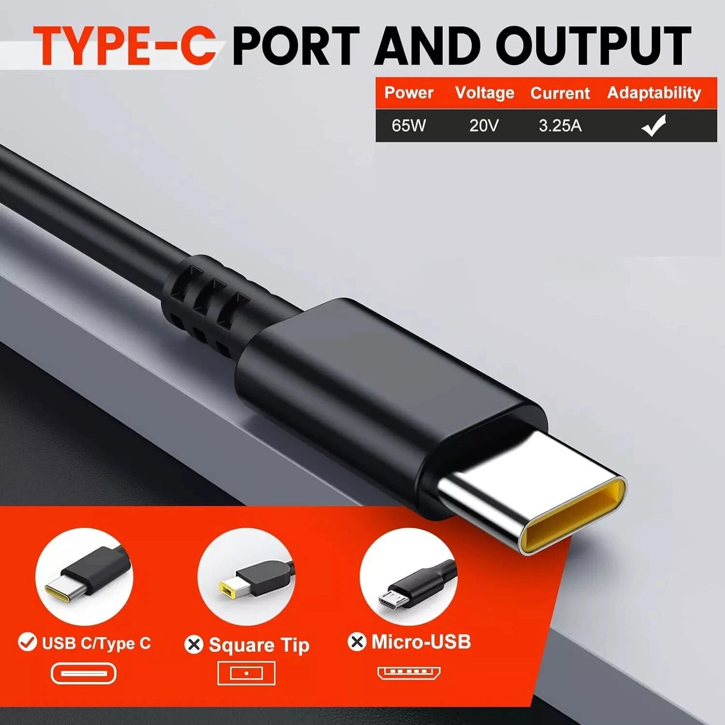 TYPE-C USB-C 65w Laptop Charger -Lenovo, Acer, HP, Apple, Sony, ASUS, Dell