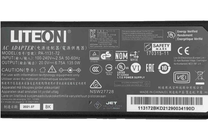 Genuine Liteon PA-1131-72 AC Power Adaper 20V 6.75A 135W 5.5mm power Supply